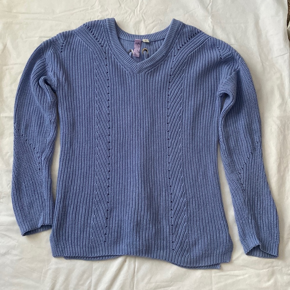 Lace up V neck pale blue sweater! Perfect for transitioning into Spring!